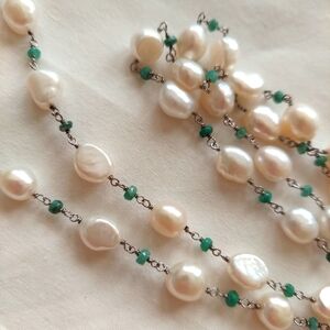 Rarieties Freshwater Barogue Pearls & Jade Color Small Accent Beads Necklace 925